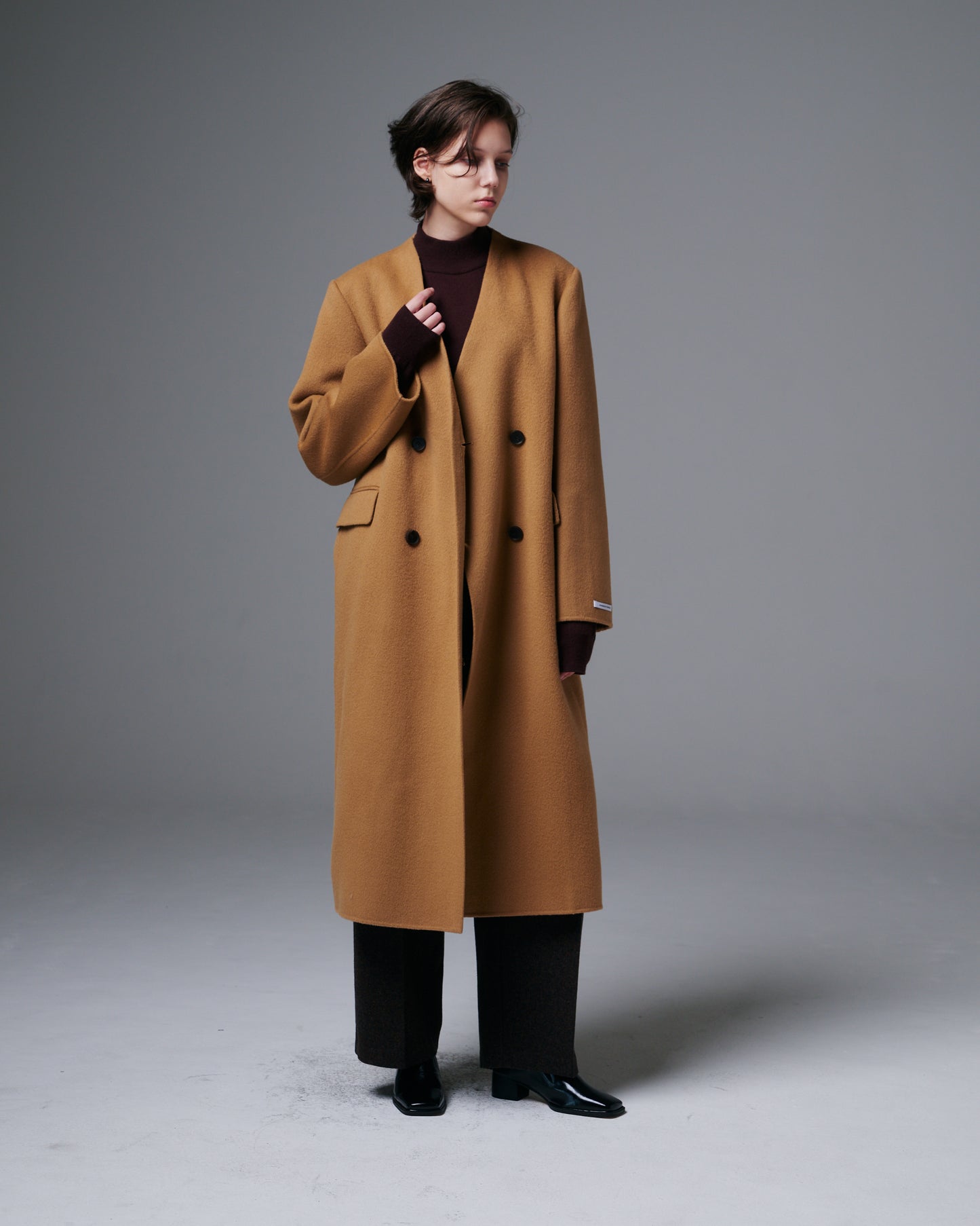 Collarless Double Button Long Coat