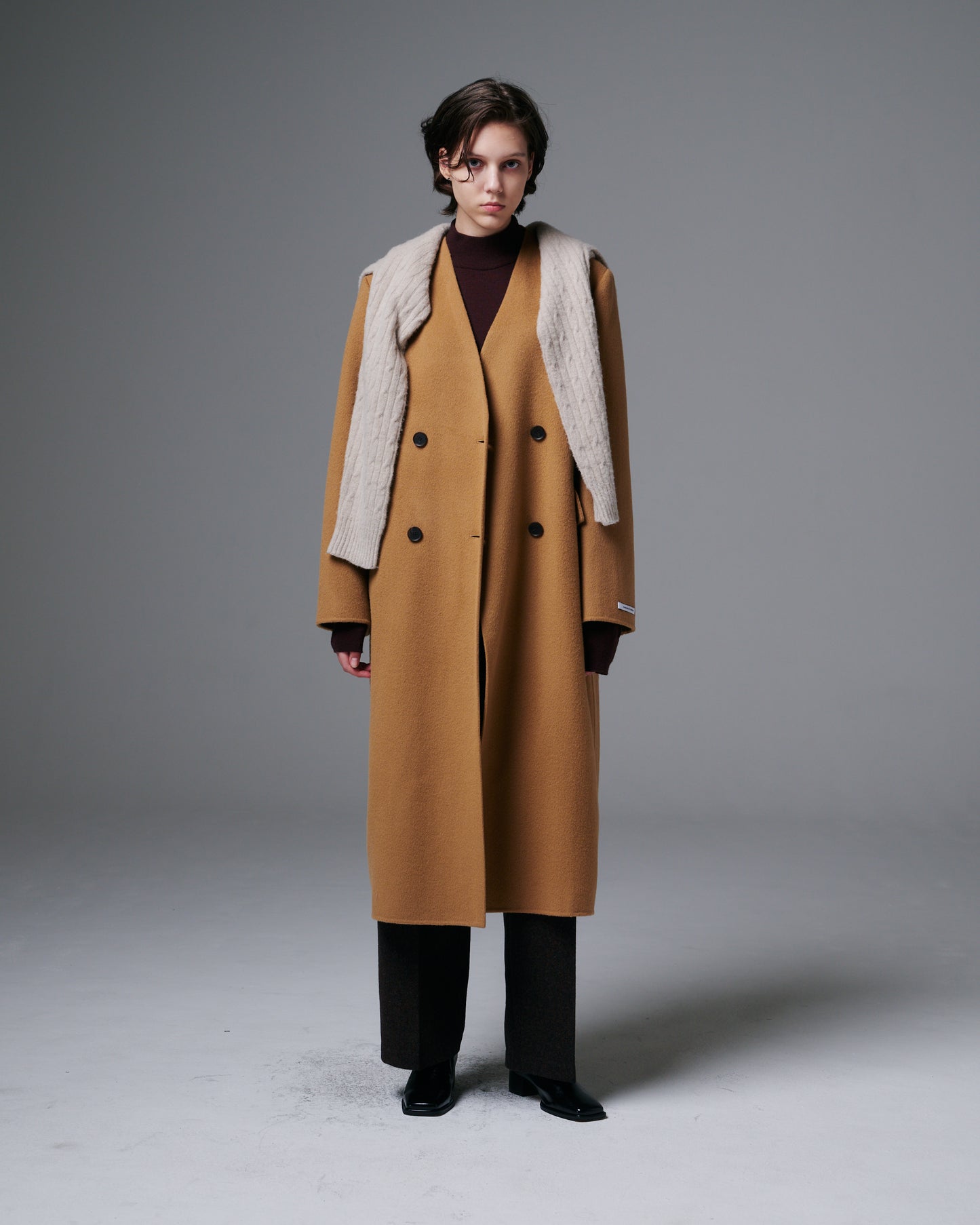 Collarless Double Button Long Coat