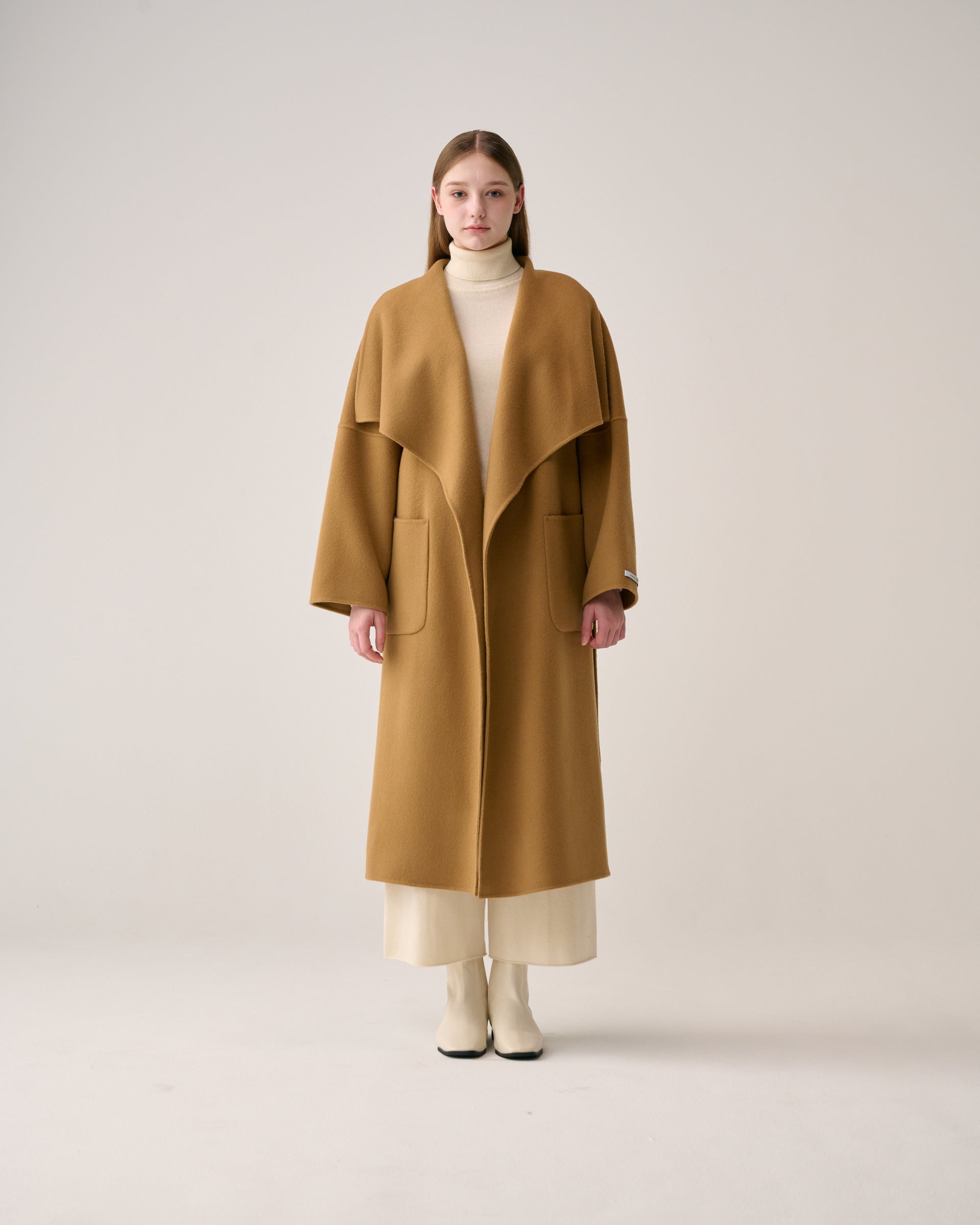 Women's Wide Collar Wrap Coat - Short-Length - Camel - Qinti - The