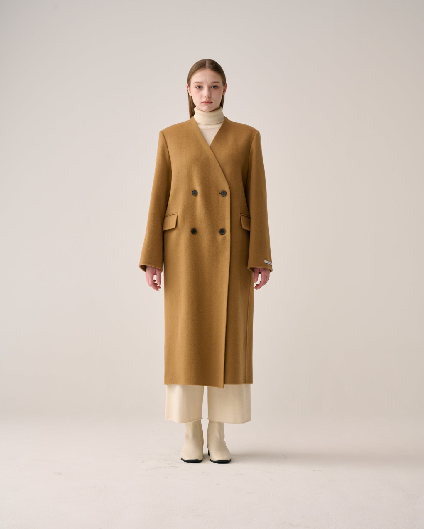 Collarless Double Button Long Coat