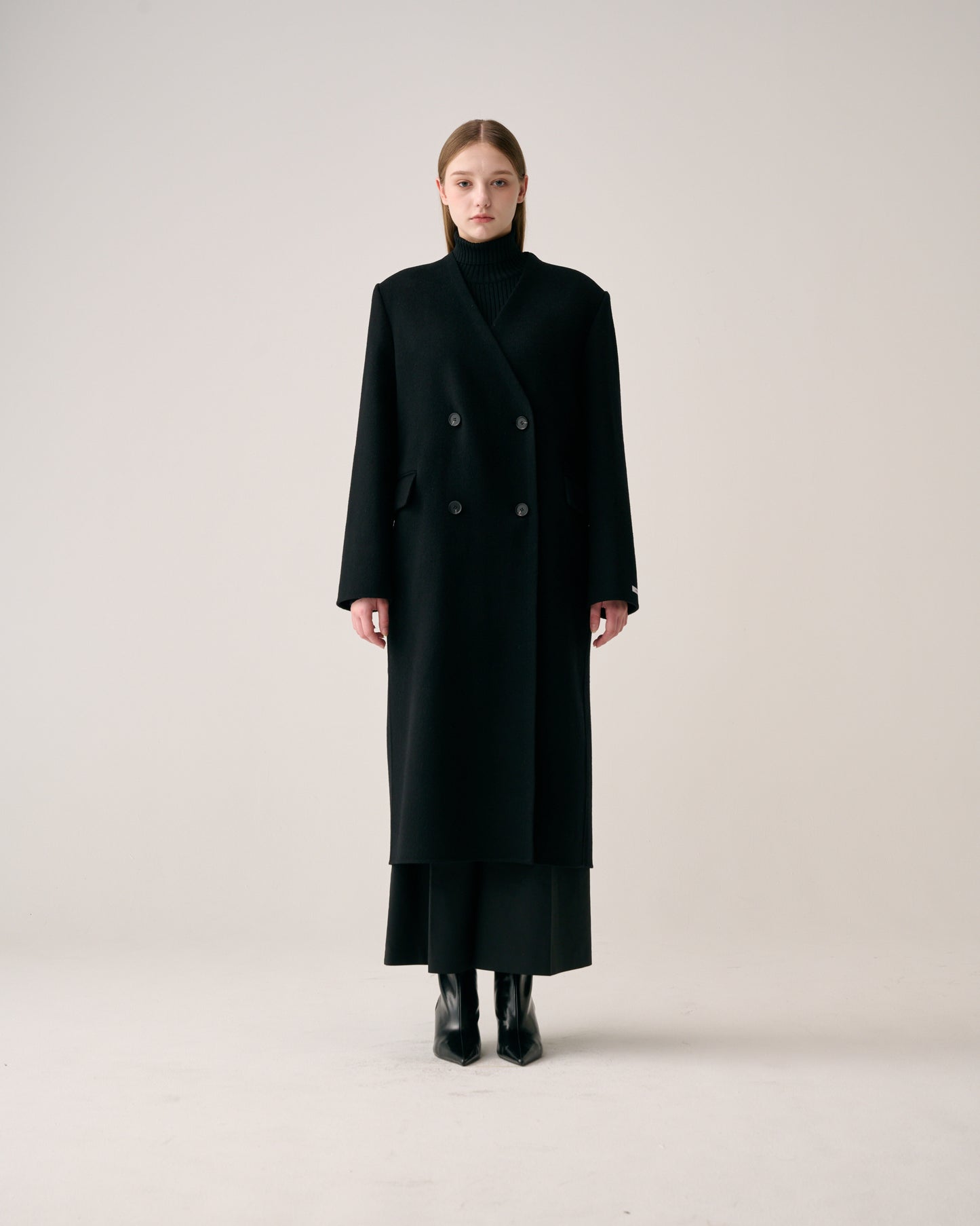 Collarless Double Button Long Coat