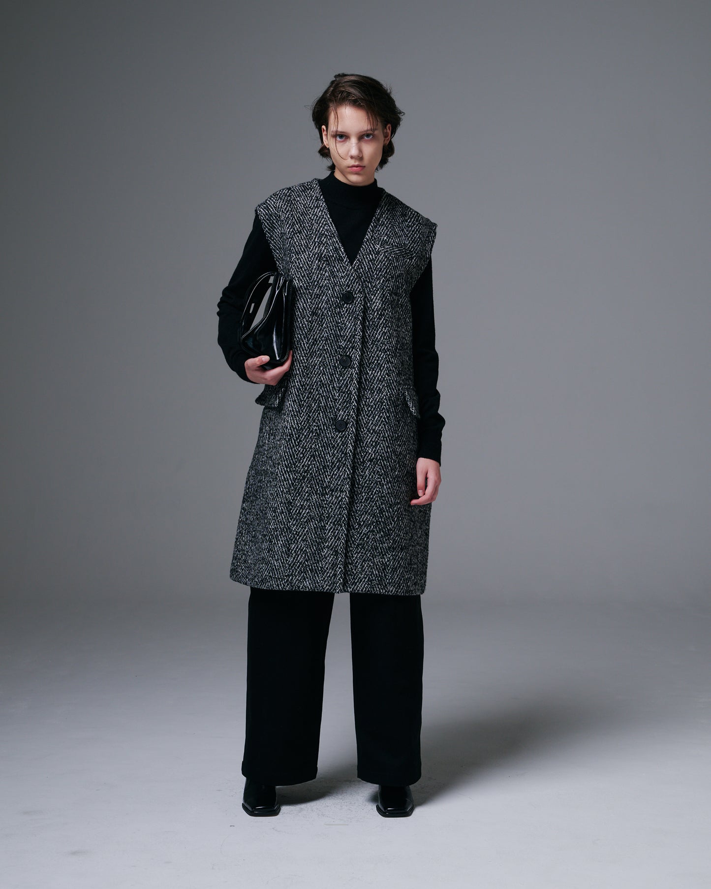 Textured Wool Herringbone Sleeveless Coat