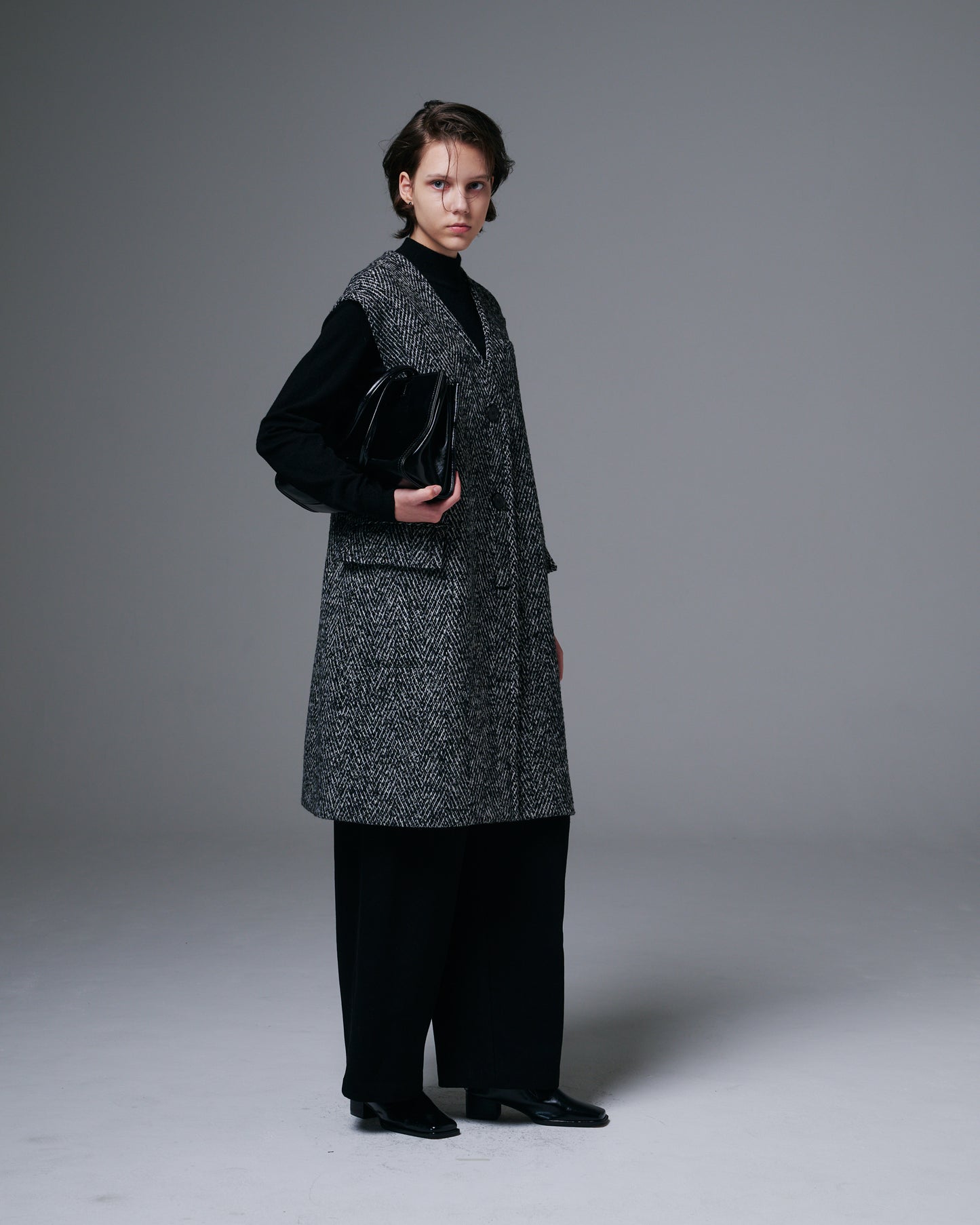 Textured Wool Herringbone Sleeveless Coat