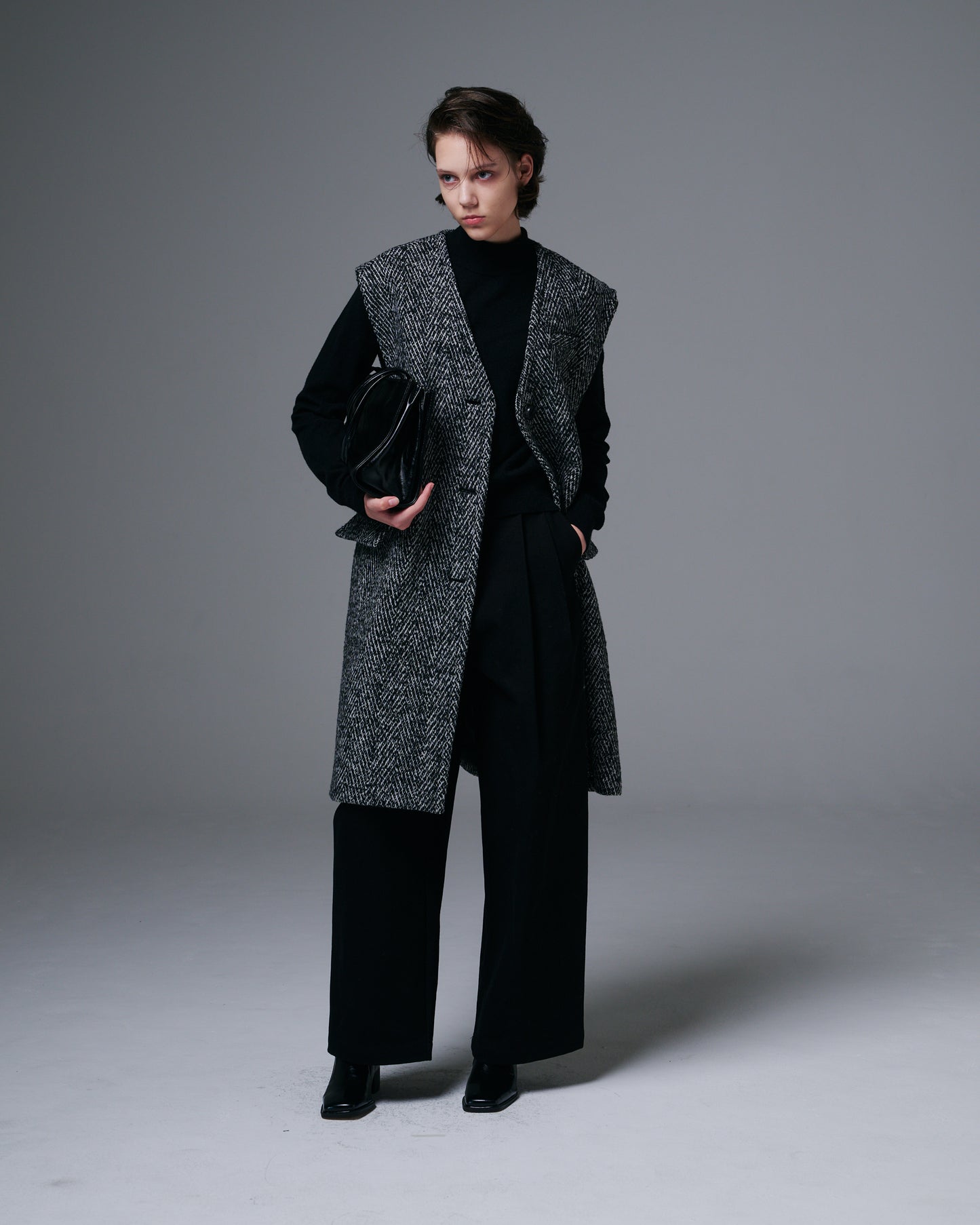 Textured Wool Herringbone Sleeveless Coat