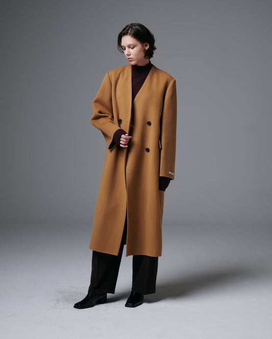 Collarless Double Button Long Coat